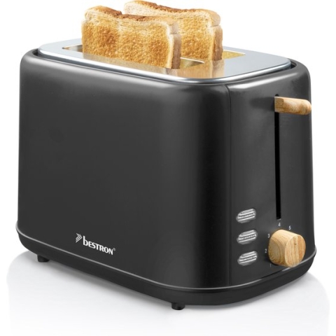 Bestron Broodrooster voor 2 sneden brood, incl. broodjesopzet, 7 bruiningsniveaus & kruimellade, 800 Watt, ATO850BW, kleur: zwart / hout