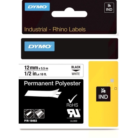 DYMO Rhino industriële labels | Permanent Polyester | 12 mm x 3,5 m | zwarte afdruk op wit | zelfklevende labels voor Rhino & LabelManager labelprinters