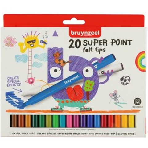 Bruynzeel Kids 20 super point viltstiften set - met witte wis-stift