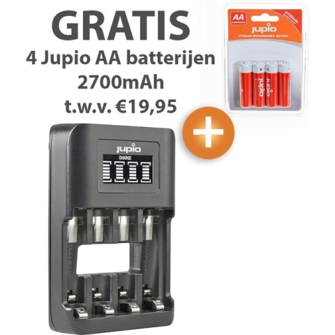 Jupio USB 4-slots UltraFast AA/AAA batterijlader + gratis Jupio 4-pack 2700mAh AA batterijen