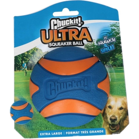 Chuckit! Ultra Squeaker Bal - Hondenspeelgoed - Hondenbal - Duurzaam rubber - Extra Large - Ø9 cm - Blauw/Oranje - 1 Stuks