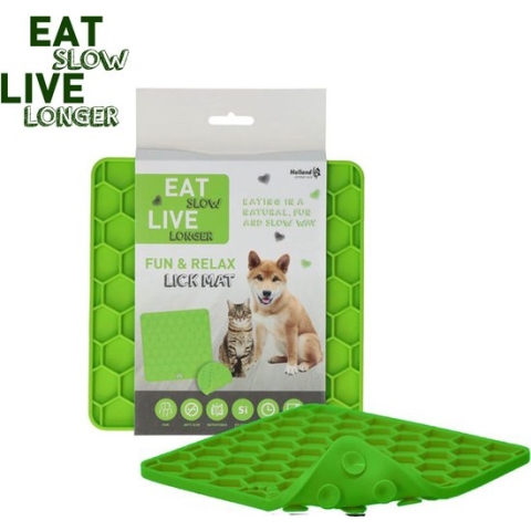 Eat Slow Live Longer Honingraat Likmat - 23 x 19 cm – Anti-schrok mat – Slowfeeder – Gemakkelijk overal te plaatsen - Likplaat voor huisdieren – Uitdaging voor je huisdier - 100% Siliconen - Vaatwasserbestendig – Groen
