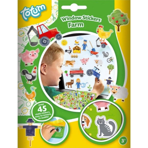 Totum boerderij raamstickers - 45 stuks - niet permanente verplaatsbare stickers boerderijdieren, voertuigen, gereedschap en bomen/fruit - incl speeldecor