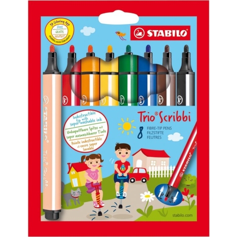 STABILO Trio Scribbi - Ergonomische Viltstift - Onverwoestbaar Door Meeverende Schrijfpunt - Etui met 8 Kleuren