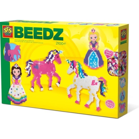 SES Beedz - Strijkkralen met legborden - grondplaten, 2100 strijkkralen en strijkvel - eenhoorns en prinsessen - unicorn - met glitterkralen en stickers - PVC vrij