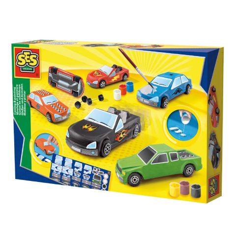 SES - Gieten en schilderen - Auto's - sneldrogend - met vormpjes, gips, verf, penseel, wielen en stickers