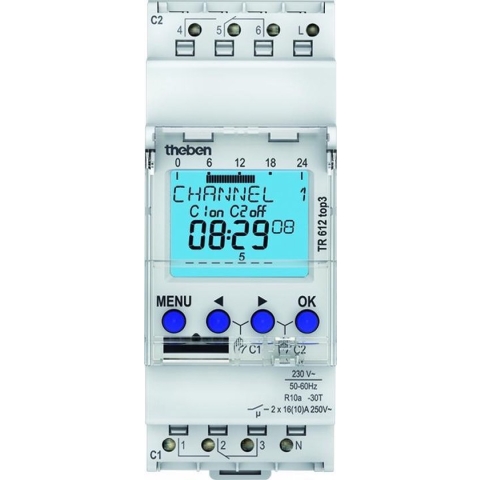 Theben 6120130 TR 612 top3 Digitale 2-kanaals timer met app-programmering, perfect voor LED's, timers, digitale schakelklok, met weekprogramma, DIN-rail, tijdschakelaar, 2 kanalen