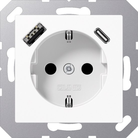 JUNG wandcontactdoos met 2x USB lader (1x type A en 1x type C - A en AS range - Alpinewit - RAL9016 - Glans