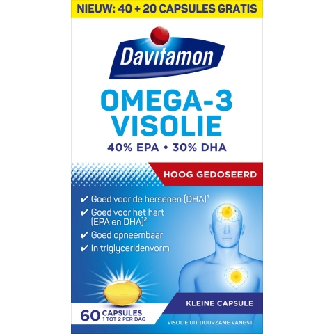 1+1 gratis: Davitamon Omega-3 Visolie 60 capsules
