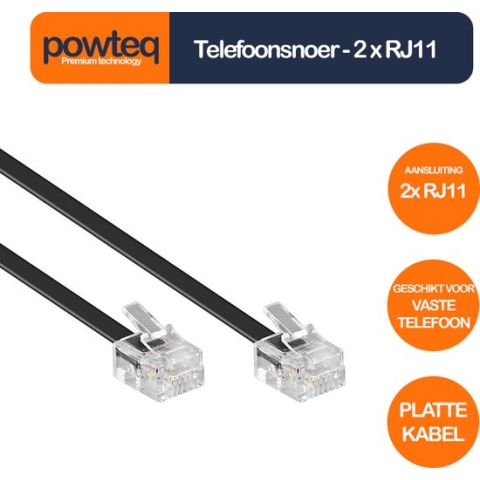 Powteq - 10 meter telefoonsnoer - Telefoonkabel - Met RJ11 stekkers - Zwart - Platte kabel - Voor vaste telefoon