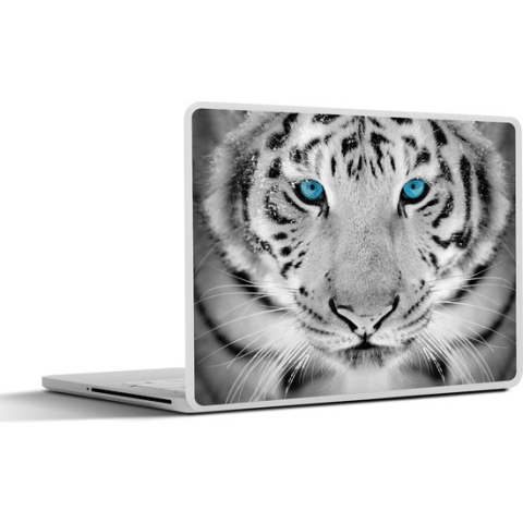 Laptop sticker - 14 inch - Dieren - Tijger - Ogen - Blauw - Zwart wit - 32x5x23x5cm - Laptopstickers - Laptop skin - Cover