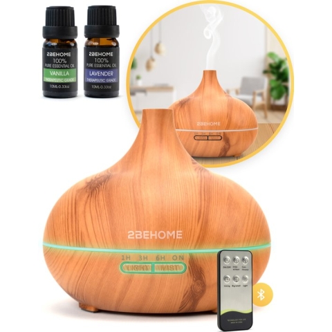 2BEHOME® Aroma Diffuser 550ML met Afstandsbediening - Incl. 2 Etherische Oliën - Lichte Houtlook - 7 LED Kleuren - Aromadiffuser Luchtbevochtiger - Geurverspreider
