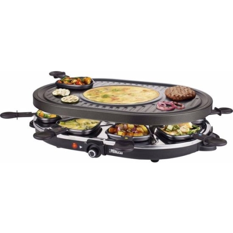 Princess Gourmetstel 162700 - Raclette Oval Grill Party - Speciaal crêpegedeelte - 8 personen - 43 x 30 cm - 2 meter snoer - 1200W - Regelebare thermostaat - 8 pannetjes