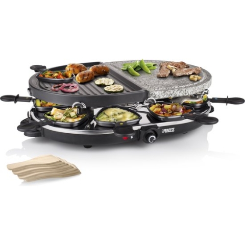 Princess Gourmetstel 162710 - Raclette Oval Steengrill Party – Bakplaat en Steengrill – 8 personen - 2 meter snoer - Regelbare thermostaat - 1200W - 8 pannetjes