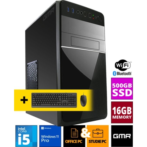 GMR - Intel Compleet PC | Intel Core i5 | 16 GB RAM | 500 GB SSD | Windows 11 Pro | Inclusief Muis & Toetsenbord