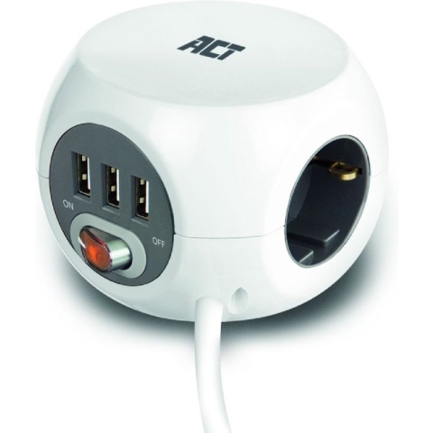 ACT Vierkante stekkerdoos (PDU) met 3 sockets type F, 3 USB-A poorten, 3m Wit - AC2410