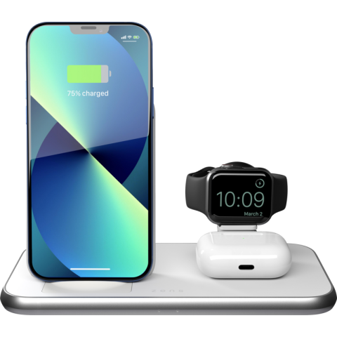 ZENS 3-in-1 Draadloze Oplader 10W met Standaard en Apple Watch Oplader Wit