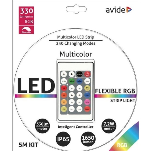 AVIDE LEDSTRIP SET RGB 7.2W 12V 30LED/MTR 5 METER +AFSTANDBEDIENING