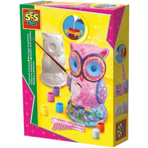 SES - Gieten en schilderen - Uil - sneldrogend - met gietmal, houder, verf, penseel en glitters