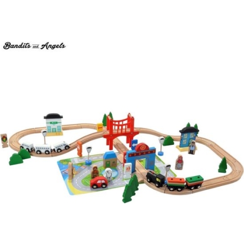 Houten treinset 80 delig met grondplaat