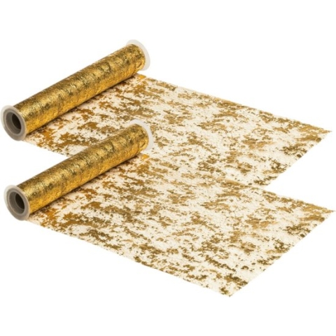 Chaks Kerst thema tafelloper op rol - 2x - goud - 29 x 500 cm - polyester