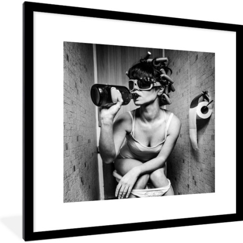 Fotolijst incl. Poster - Vrouw - Toilet - Zwart - Wit - 40x40 cm - Posterlijst