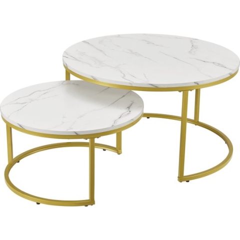 Salontafel Estergom rond set van 2 marmer wit en goudkleurig