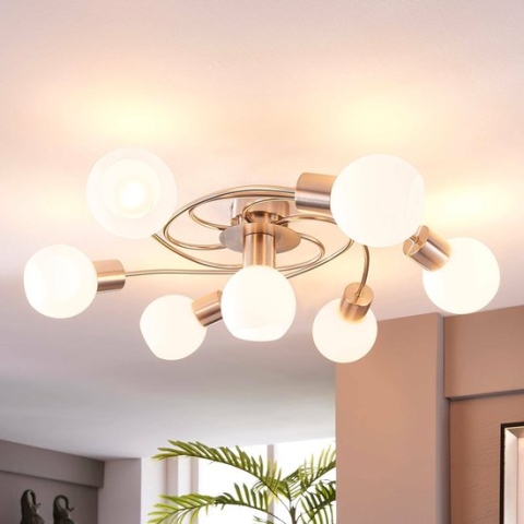 Lindby - plafondlamp - 7 lichts - glas, metaal - H: 17.5 cm - E14 - wit, gesatineerd nikkel