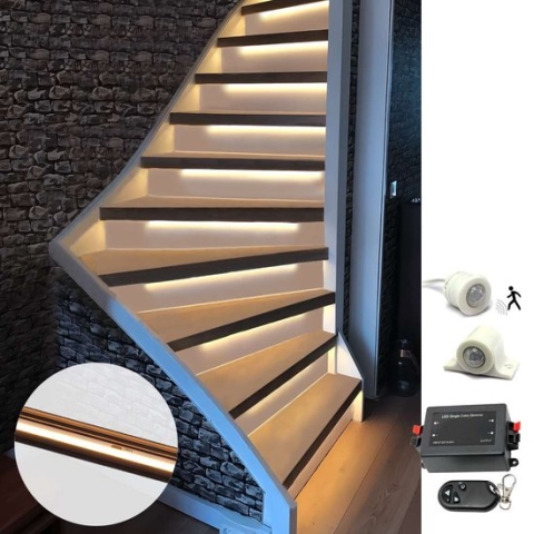 Trapverlichting led bewegingssensor set - Led strips 50 cm met warm wit licht - Premium set in zwart profiel voor max. 16 treden - Bedienen via dimmer
