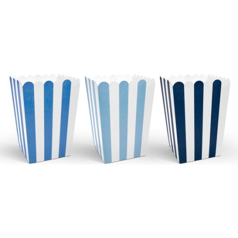 6x stuks gestreepte popcorn bakjes blauw 7,5 x 7,5 x 12,5 cm - Snoep bakjes