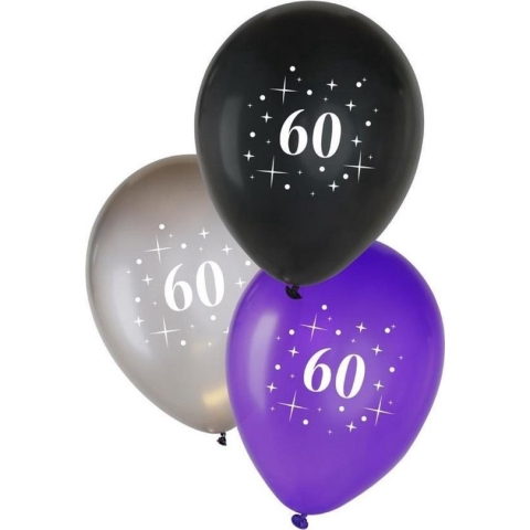 Ballonnen - 60 jaar - Metallic - Zwart,zilver & paars - 30cm - 6st.**
