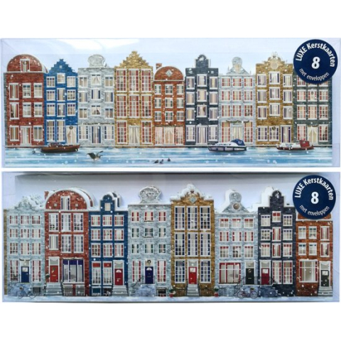 Kerstkaarten - 16 Stuks - Luxe Kaarten - Amsterdamse Huizen - 8 x 22,5 cm - KST-015