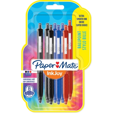 Paper Mate InkJoy 300RT-balpennen met drukknop | Medium punt (1,0 mm) | zwart, blauw en rood | 8 stuks