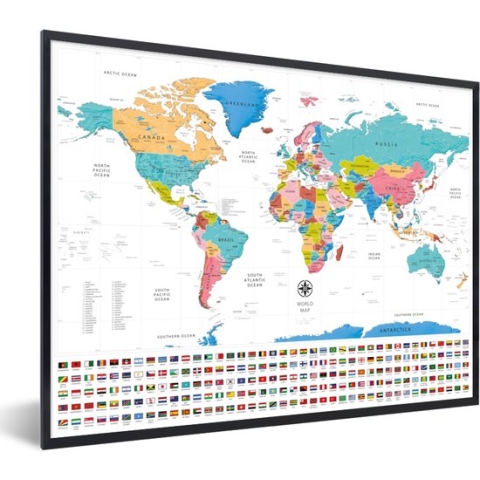 Fotolijst incl. Poster - Wereldkaart - Kleuren - Vlag - 80x60 cm - Posterlijst