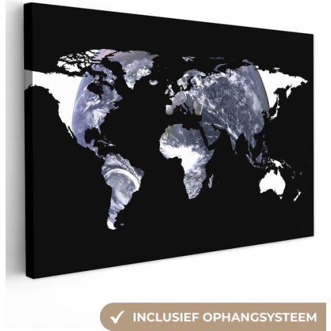 Canvas Wereldkaart - 60x40 - Wanddecoratie Wereldkaart - Zwart - Wit - Wereldbol