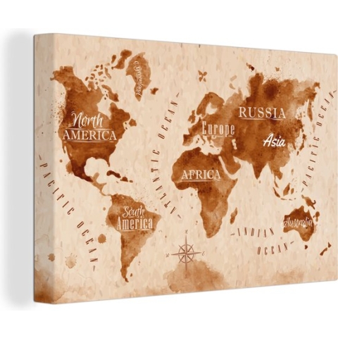 Canvas Wereldkaart - 120x80 - Wanddecoratie Wereldkaart - Verf - Bruin - Vintage