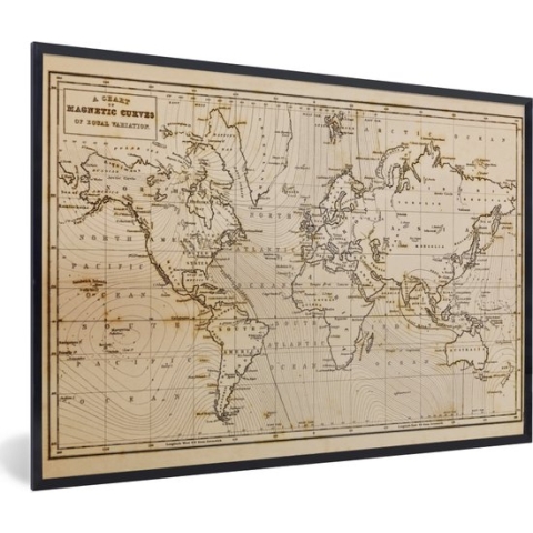 Fotolijst incl. Poster - Wereldkaart - Vintage - Bruin - Educatief - 120x80 cm - Posterlijst