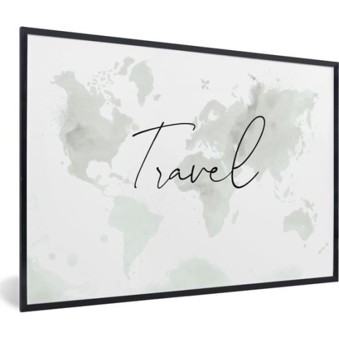 Fotolijst incl. Poster - Wereldkaart - Waterverf - Zwart - Wit - 120x80 cm - Posterlijst