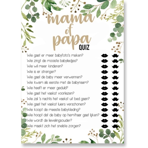 Babyshower spelletjes – Mama of papa quiz - Babyshower - 20 stuks A6 formaat - Babyshower cadeau - Babyshower kaarten