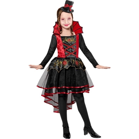 Widmann - Vampier & Dracula Kostuum - Vampier Steamy - Meisje - Rood, Zwart - Maat 140 - Halloween - Verkleedkleding