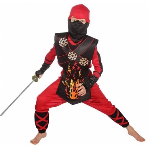 Wilbers & Wilbers - Ninja & Samurai Kostuum - Vurige Rode Ninja Strijder Met Werpsterren Kind Kostuum - Rood - Maat 128 - Carnavalskleding - Verkleedkleding