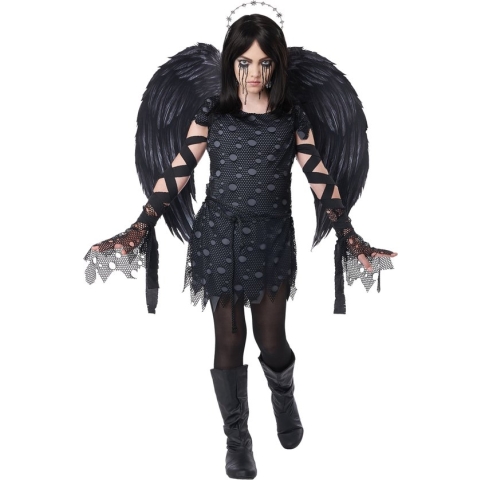 CALIFORNIA COSTUMES - Luxe zwarte gotische engel kostuum voor kinderen - 134 (6-8 jaar)
