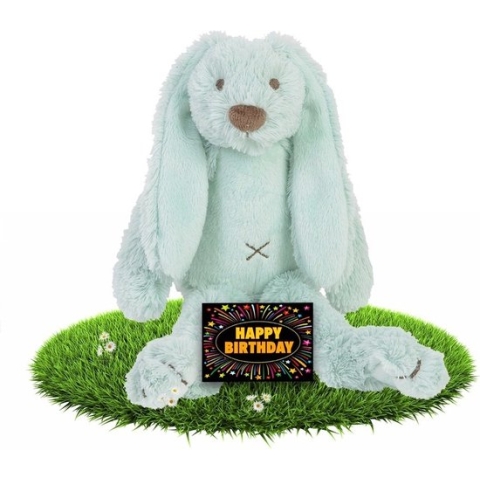 Verjaardag knuffel konijntje Richie mintgroen 28 cm - incl. gratis verjaardagskaart