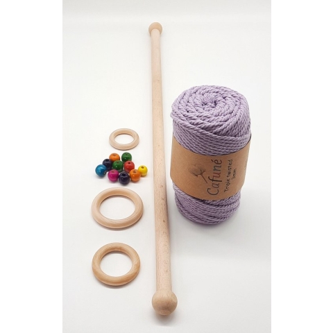 Cafuné Macramé pakket - Macramé touw Lila - Houten stok  en ringen - gekleurde kralen