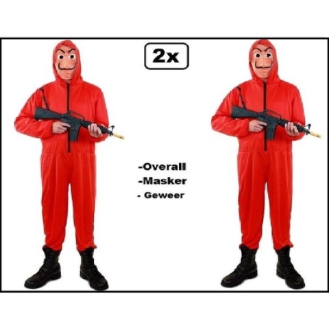 2x Rode overall met capuchon + masker + geweer- La Casa de Papel mt.S/M