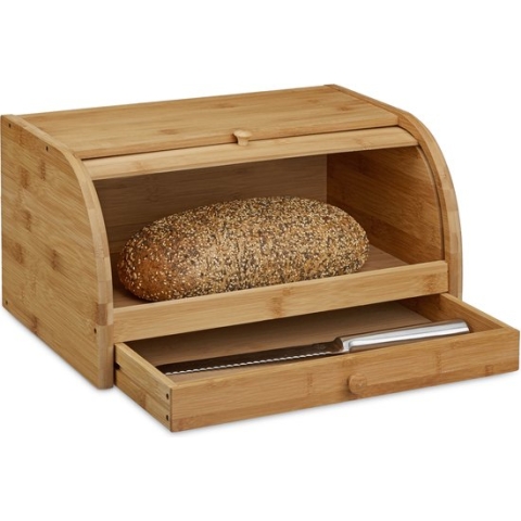 Relaxdays broodtrommel met schuifdeksel, bamboe hout, brooddoos, brood trommel