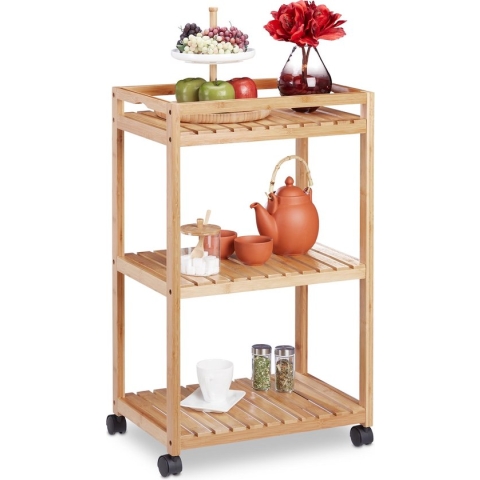 Relaxdays serveerwagen bamboe - 3 planken - keukentrolley - roltafel - keuken trolley