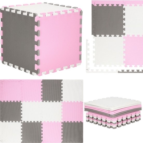 Springos Speelmat | Speelmat Foam | Puzzelmat | 12 puzzelstukken | 118 x 90 cm | Roze/Grijs/Wit