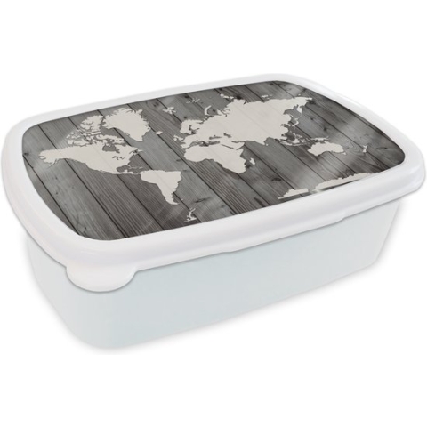 Broodtrommel Wit - Lunchbox - Brooddoos - Wereldkaart - Hout - Zwart - Wit - 18x12x6 cm - Volwassenen