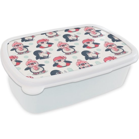 Broodtrommel Wit - Lunchbox - Brooddoos - Schaatsen - Patronen - Pinguïn - 18x12x6 cm - Volwassenen